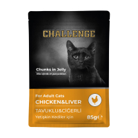 Challenge Pouch Jöle İçinde Parça Tavuklu ve Ciğerli Yetişkin Kedi Konservesi 85gr